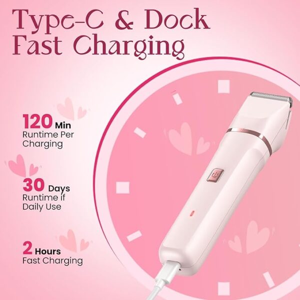 Bikini Trimmer for Women - Painless Electric Razors for Silk Skin,Cordless Body Shaver for Trip,Replaceable Lady Facial Razor, IPX7 Waterproof&Easy Cleaning, Ceramic Blade, USB Charge Dock Pink - Image 5