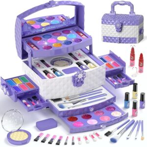 PERRYHOME Kids Makeup Set for Girl 56 Pcs Washable Real Cosmetic, Non-Toxic Frozen Toys Toddler Makeup Kit, Frozen Princess Dress up Game Christmas & Birthday Girl Gift for 3-12(Frozen Purple)