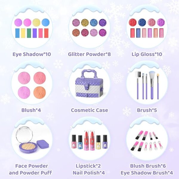 PERRYHOME Kids Makeup Set for Girl 56 Pcs Washable Real Cosmetic, Non-Toxic Frozen Toys Toddler Makeup Kit, Frozen Princess Dress up Game Christmas & Birthday Girl Gift for 3-12(Frozen Purple) - Image 2