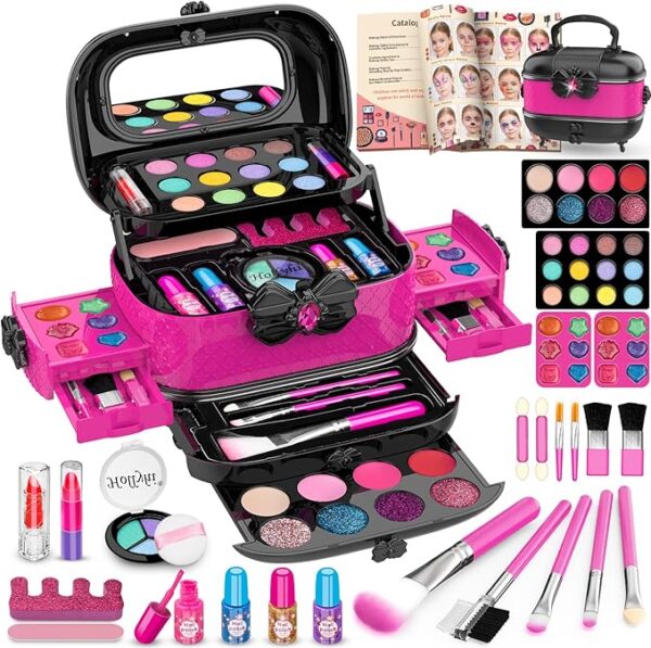 Hollyhi 58 Pcs Kids Makeup Kit for Girl, Princess Toys Real Washable Cosmetic Set with Mirror, Kids Makeup Sets for Girls, Play Make Up Birthday Gifts for 3 4 5 6 7 8 9 10 11 12 Years Old Kid (Rose) - Image 4