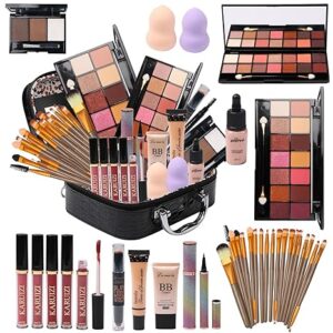 All in One Makeup Kit for Makeup storage bag 2X14 Colors Eyeshadow Palette Liquid Foundation Eyeliner Pencils Contouring Stick Lip Gloss 20Pcs Makeup Brushes For Women Girls Teens (Black)