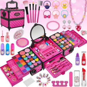 99 Pcs Kids Makeup Kit for Girls, Princess Toys Real Washable Cosmetics Set with Mirror, Hair Ties, Nails, Rings, Earrings, Necklace, Perfect for 3 4 5 6 7 8 Year Old Girls Birthday