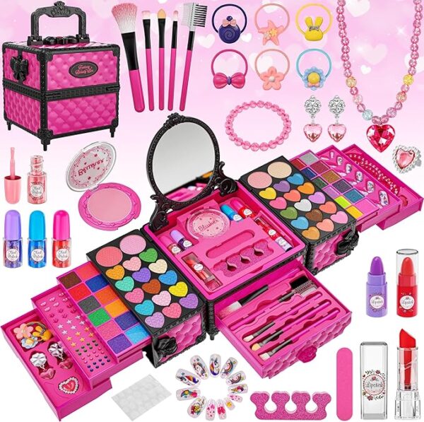 99 Pcs Kids Makeup Kit for Girls, Princess Toys Real Washable Cosmetics Set with Mirror, Hair Ties, Nails, Rings, Earrings, Necklace, Perfect for 3 4 5 6 7 8 Year Old Girls Birthday