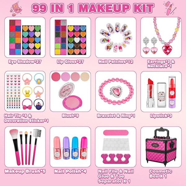 99 Pcs Kids Makeup Kit for Girls, Princess Toys Real Washable Cosmetics Set with Mirror, Hair Ties, Nails, Rings, Earrings, Necklace, Perfect for 3 4 5 6 7 8 Year Old Girls Birthday - Image 5