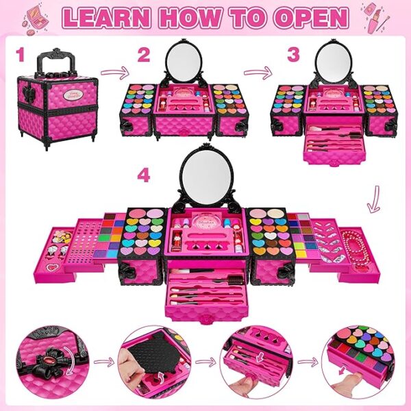 99 Pcs Kids Makeup Kit for Girls, Princess Toys Real Washable Cosmetics Set with Mirror, Hair Ties, Nails, Rings, Earrings, Necklace, Perfect for 3 4 5 6 7 8 Year Old Girls Birthday - Image 2