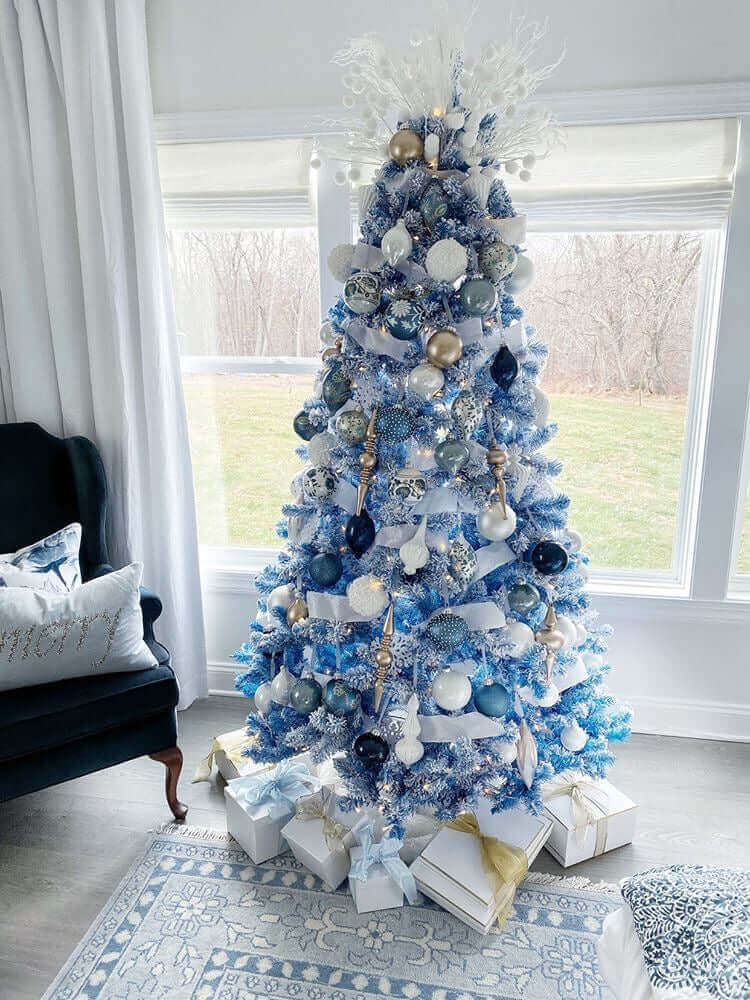 6.5' Duchess Blue Flock Artificial Christmas Tree with 500 Warm White LED Lights - Image 6