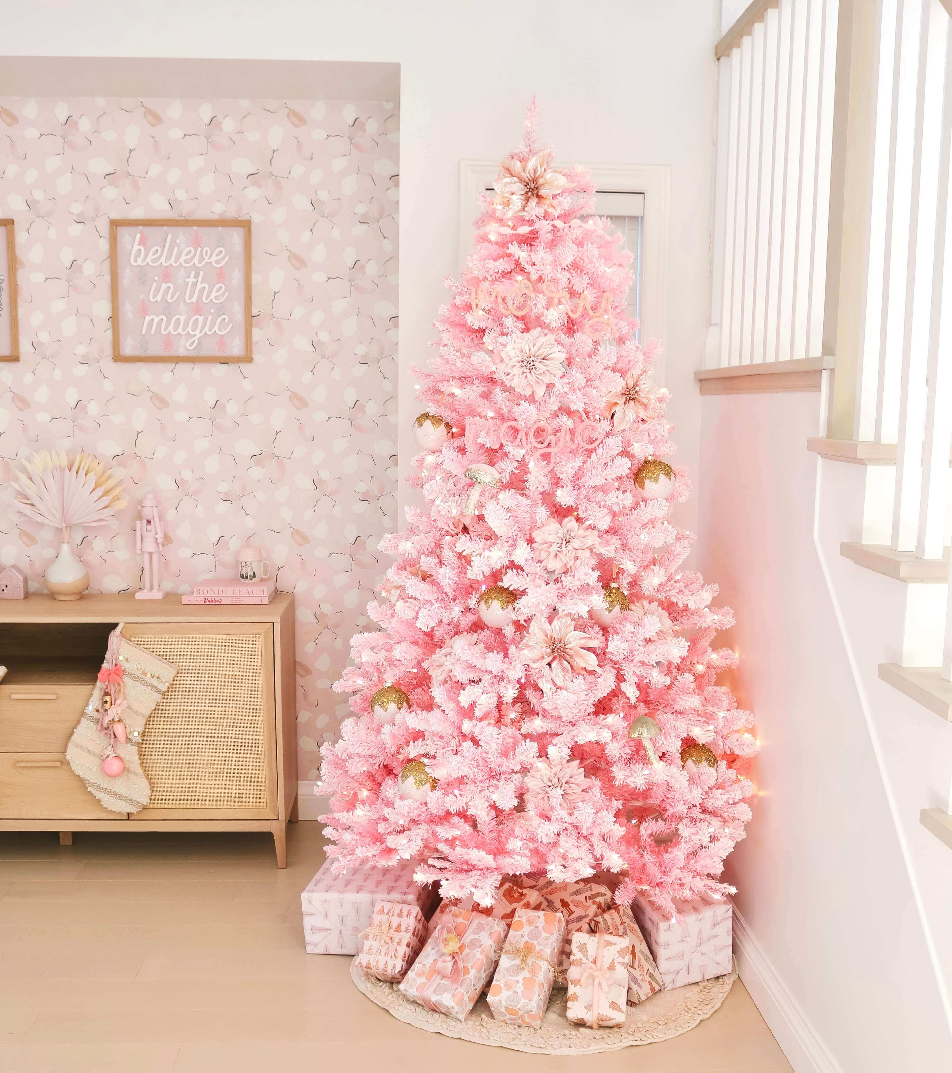 7.5' Duchess Pink Flock Artificial Christmas Tree with 600 Warm White LED Lights - Image 4