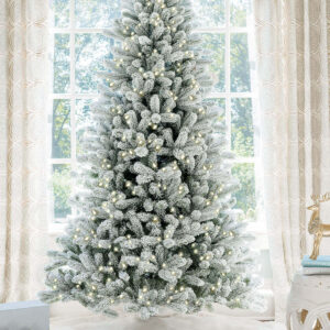 8' King Flock® Artificial Christmas Tree with 900 with Warm White LED Lights