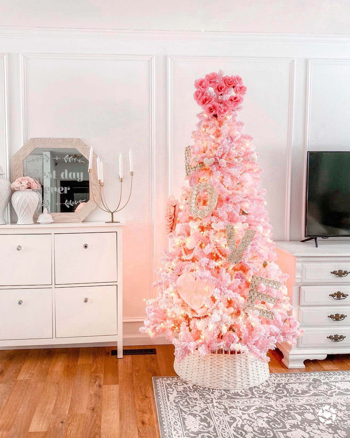 6.5' Duchess Pink Flock Artificial Christmas Tree with 500 Warm White LED Lights - Image 7