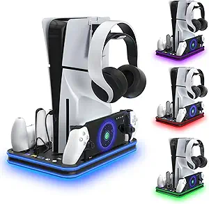 PlayStation Portal Charger, PS5 Stand and Cooling Station with RGB LED Controller Charging Dock Accessories, PS5 Edge Controller and PS Portal Charger, Headset and Remote Holders