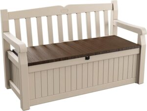 Eden Bench 265L Outdoor 60% recycled Garden Furniture Storage Box Beige & Brown Wood Panel Effect | Fade Free | All Weather Resistant | Safe and Secure | Zero Maintenance