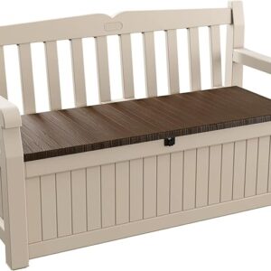 Eden Bench 265L Outdoor 60% recycled Garden Furniture Storage Box Beige & Brown Wood Panel Effect | Fade Free | All Weather Resistant | Safe and Secure | Zero Maintenance