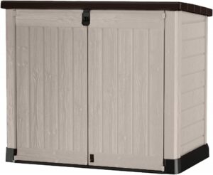 It Out Pro Outdoor Garden Furniture Storage Shed Beige with Brown Lid Fade Free All Weather Resistant Safe and Secure Zero Maintenance